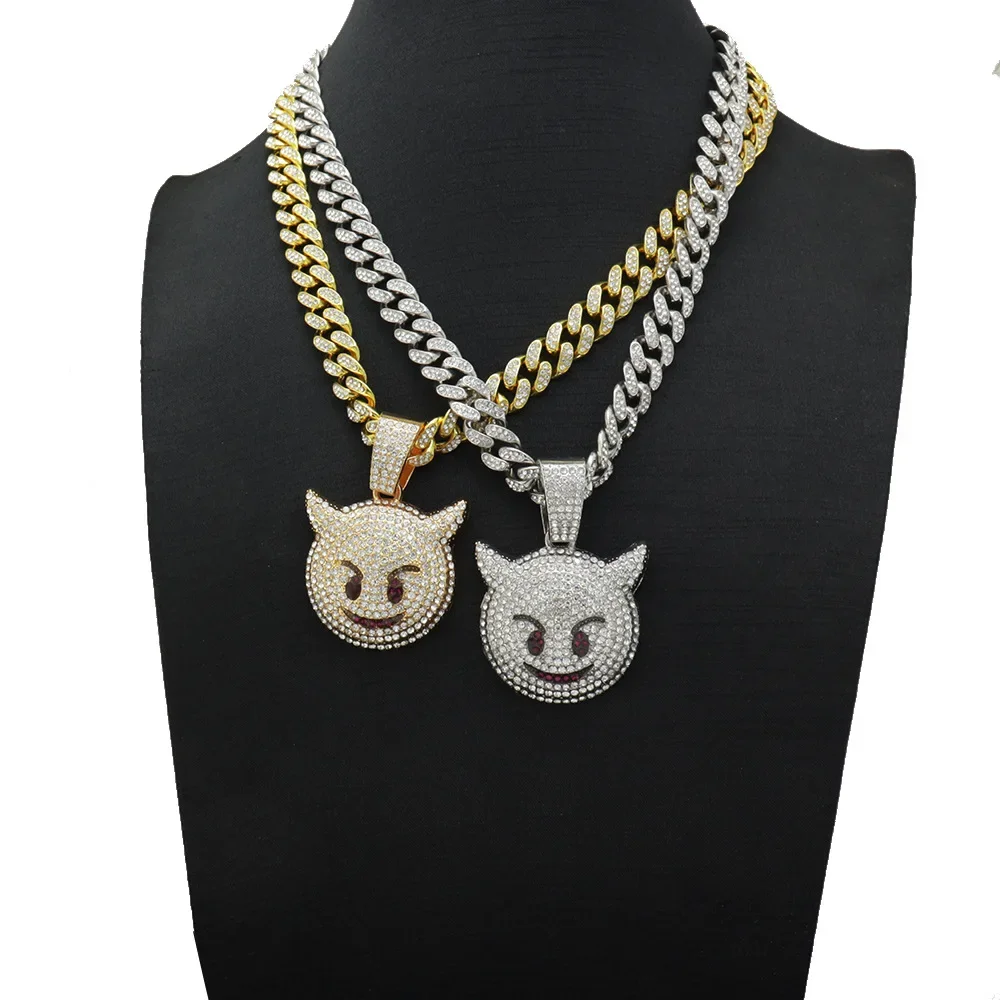 Hip Hop Full Crystal Little Monster Ghost Pendant With Iced Out Miami Cuban Chain Necklace For Men Women Fashion Jewelry