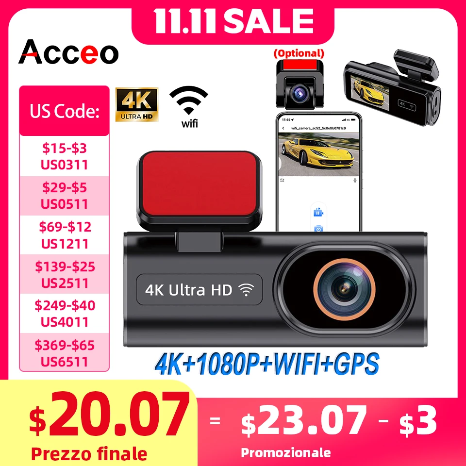 ACCEO Dash Cam WIFI GPS Mini CAR DVR Front 4K And Rear 1080P Dual Lens Black Box Room Camera Night Vision 24H Parking Monitor