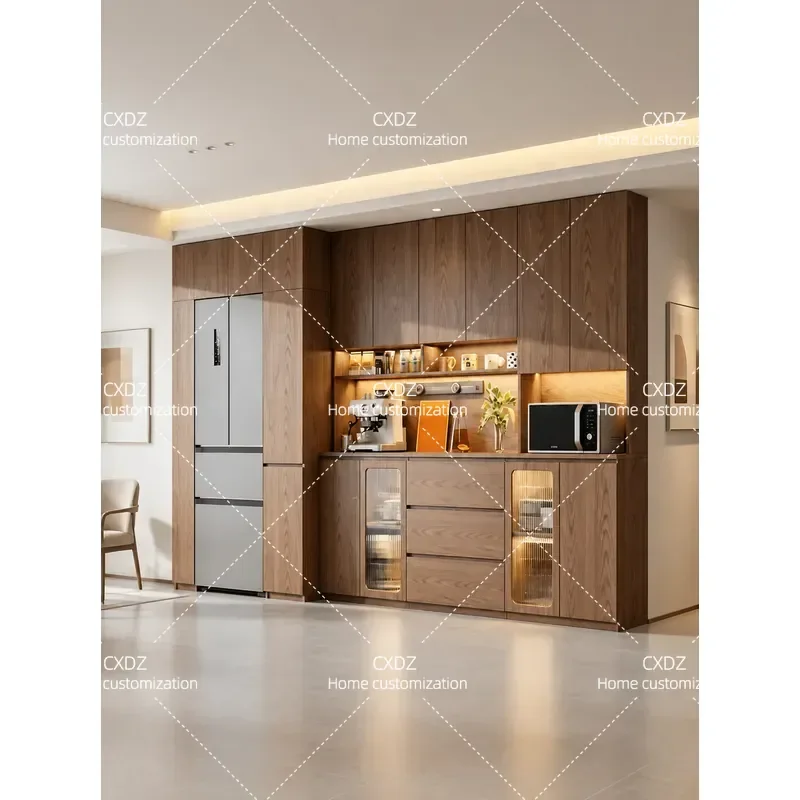 ENF Grade Custom Walnut Color Cupboard Side Cabinet Integrated Wall To Ceiling High Cabinet Minimalist Living Room Home Use