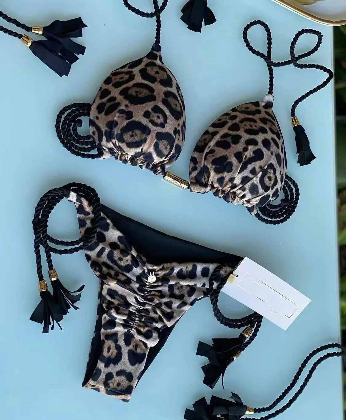 Costume da bagno a triangolo stampato bikini diviso con cinturino in corda da donna