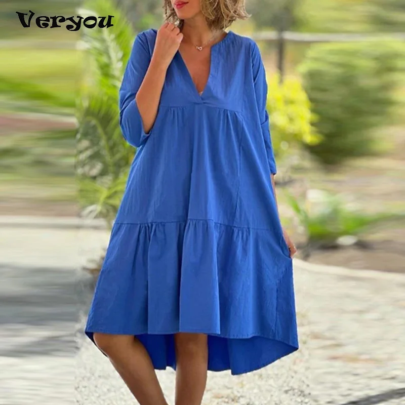 

Summer Casual V Neck Loose Dresses For Women 3/4 Sleeve Beach HolidayDress Women Party Dress 2024