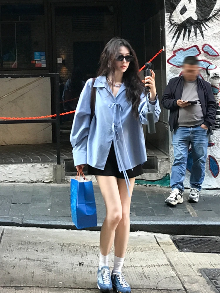 Chemises Vintage françaises élégantes pour femmes, vêtements de printemps à boutons, manches longues, amples, décontractés, mode coréenne, t-shirts Y2k