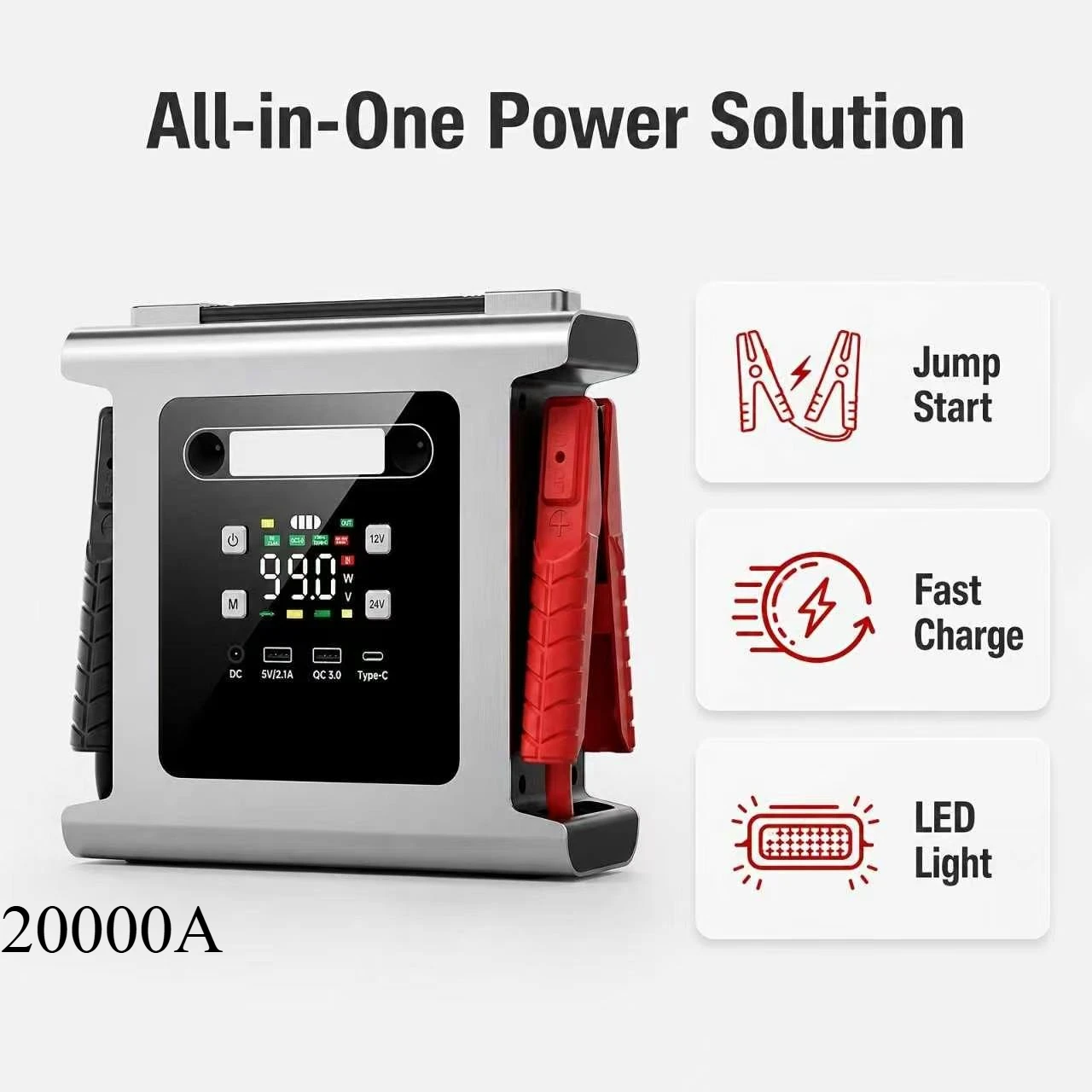 20000A 7-in-1 multifunctional emergency start power supply with air pump, 150PSL portable car battery starter,