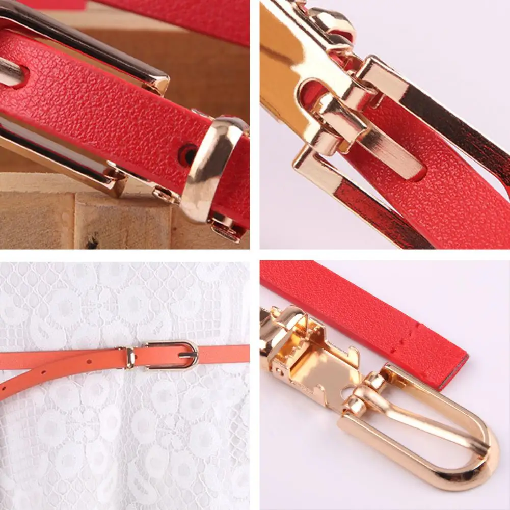 Women Belt Adjustable Multi Holes Faux Leather Alloy Buckle Thin Belt Solid Color Waist Tight Dress Belt Clothes Ornament