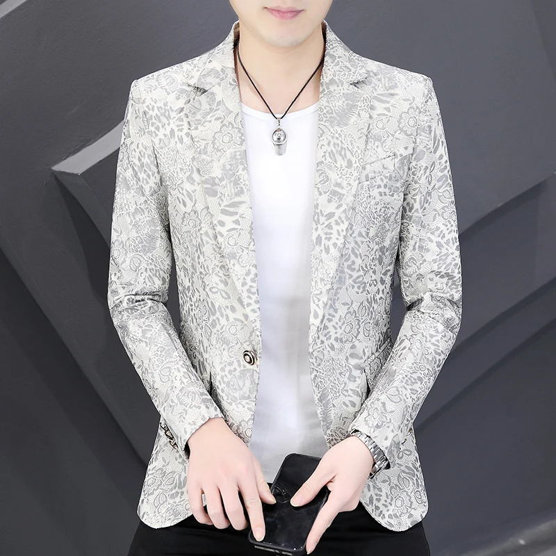 

New Men's Casual Sle Gold Emed Jaet Top Faionable Korean Version Stand Fit Polyester Fiber Long Sve Button Cl...