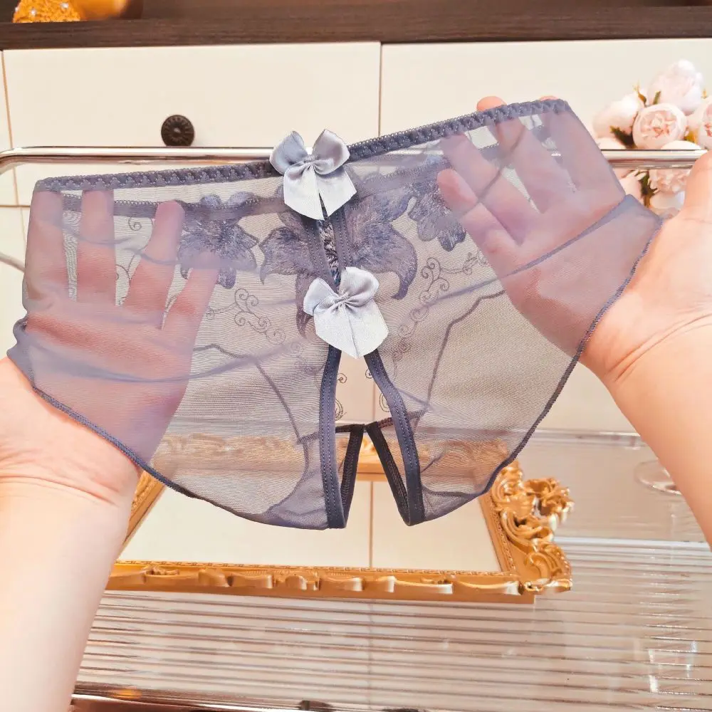 Embroidery Sexy Panties Women G String See-through Hollow Out Mesh Briefs Mid Waist Open Crotch Lace Breathable New Tangas