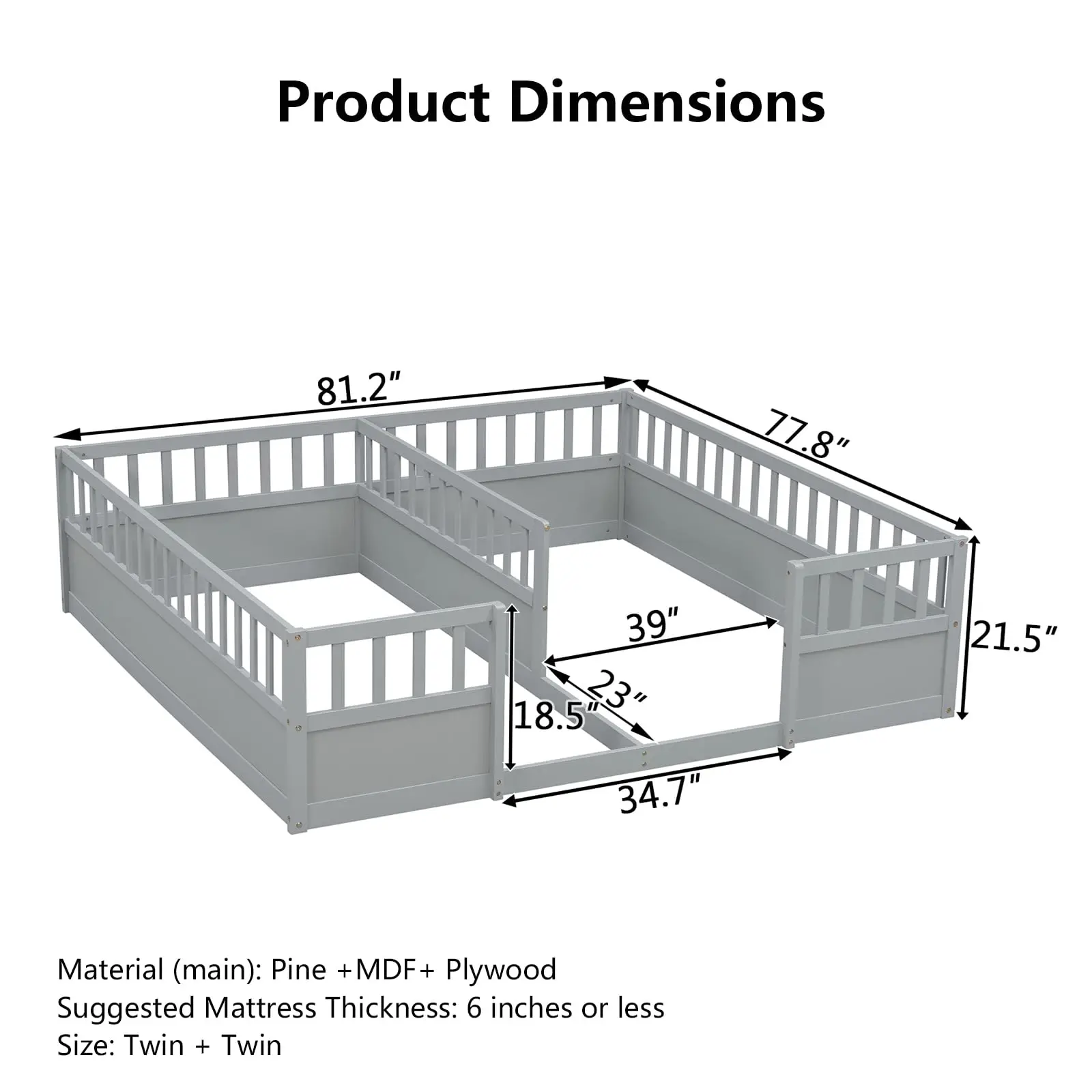 Double Twin Montessori Floor Bed for Kids, 2-in-1 Wood Twin Size Floor Bed Frame with Semi-Enclosed Safety Guardrails &