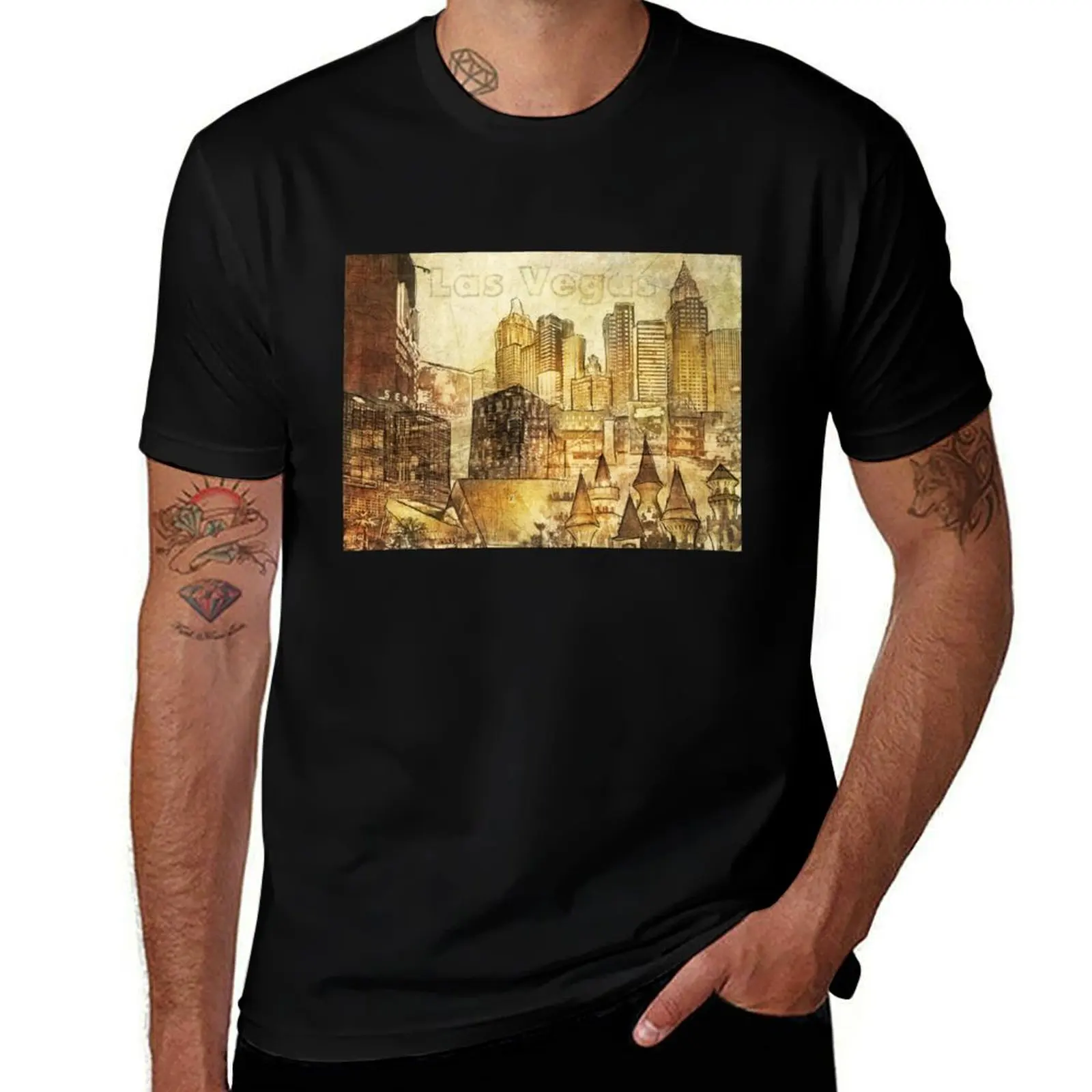 Las Vegas Collage Sepia T-Shirt Modern Print Casual T-Shirt