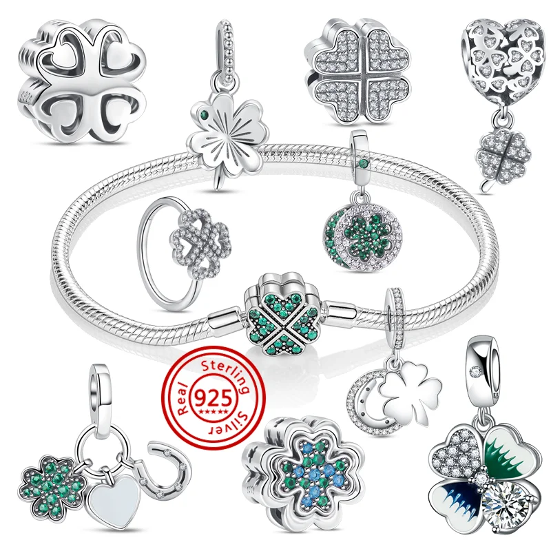 New 925 Sterling Silver Green Four Leaf Clover Series Lucky Pendant Heart Beads Fit Original Pandora Charms Bracelet DIY Jewelry