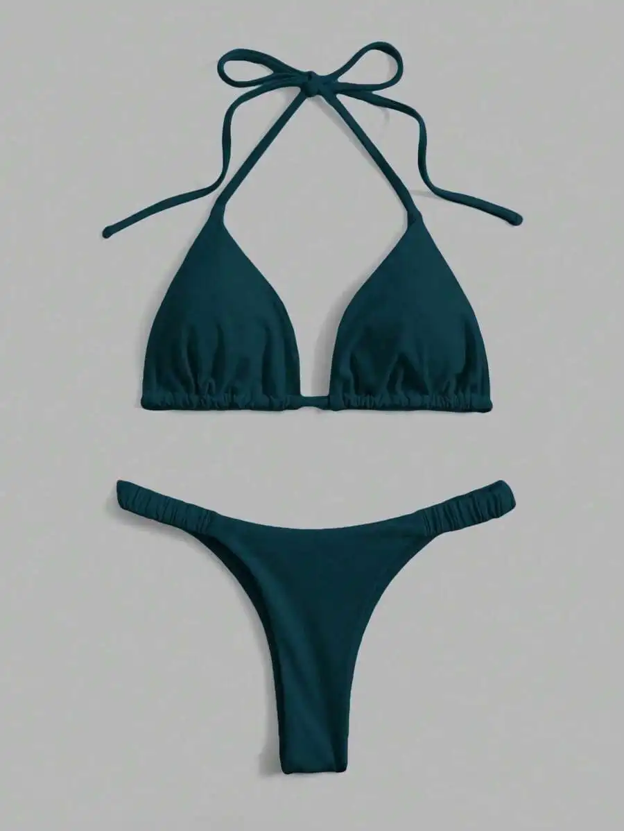 

Solid Color Halter Triangle Bikini Set Thong Beach Swimsuit