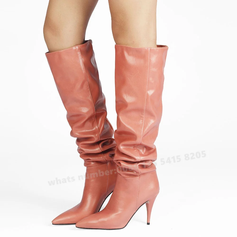 Pink Stiletto Heels Knee High Boots Pleated Pointy Toe Slip On Women's Long Boots Warm Solid Glossy Casual Shoes Luxury New Sexy