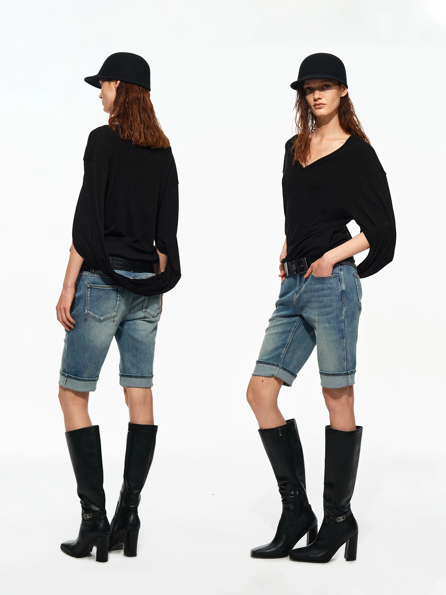 PRRP R2 Classic Fashionable Retro Gradient Stone Wash Blue Watered Denim Shorts Casual Five-Point Mid-Pants Low Waist Straigh...