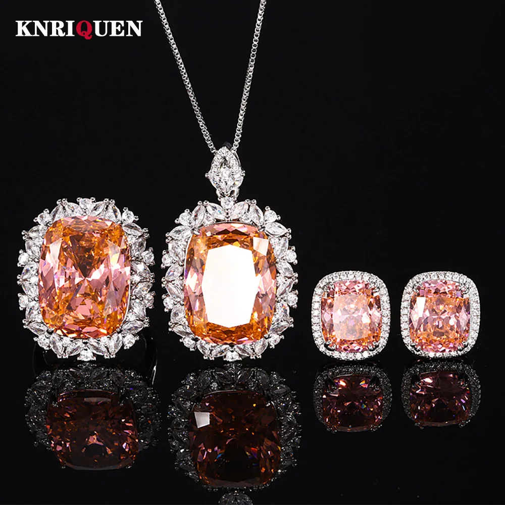 New Luxury Padparadscha Tourmaline Necklace Pendant Ring Earrings for Women Gemstone Fine Jewelry Sets Accessories New Year Gift