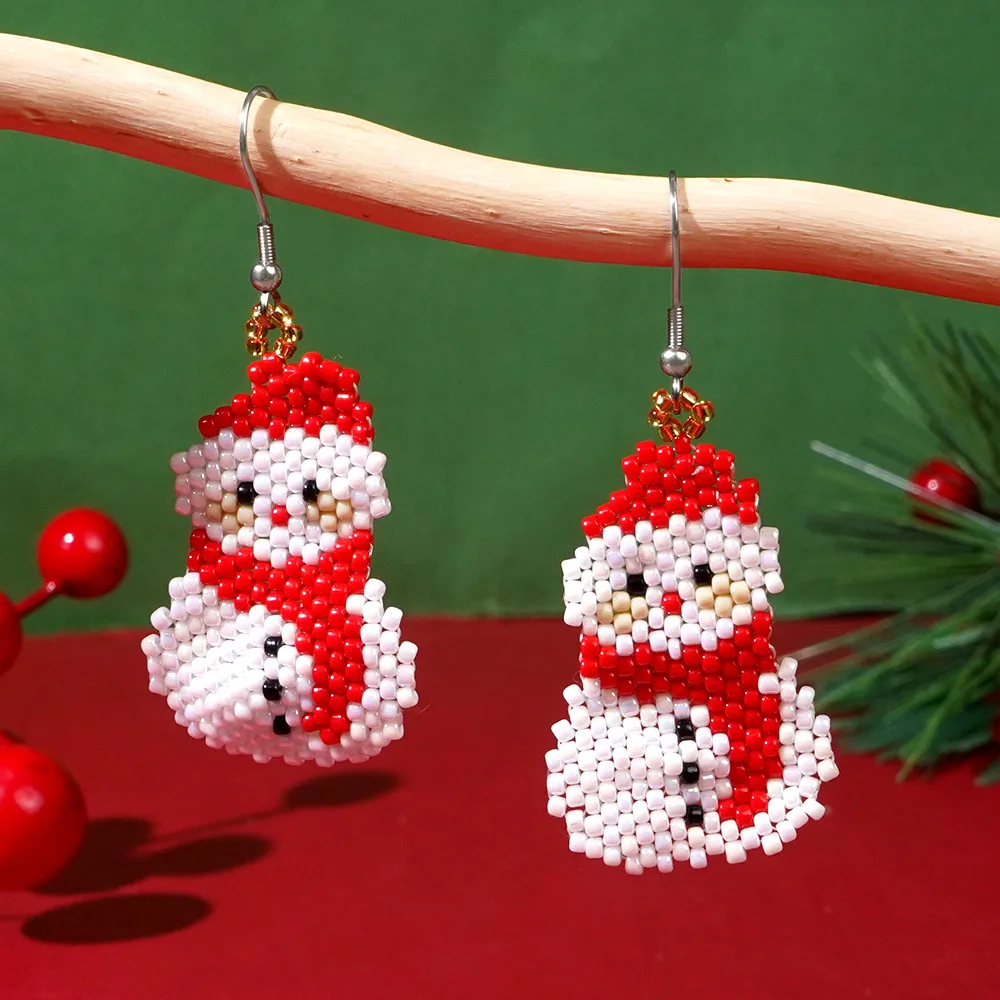 Beaded earrings Christmas Snowman Design Originality Hand knitting Bohemia Alloy Tide Simple Rice bead earrings