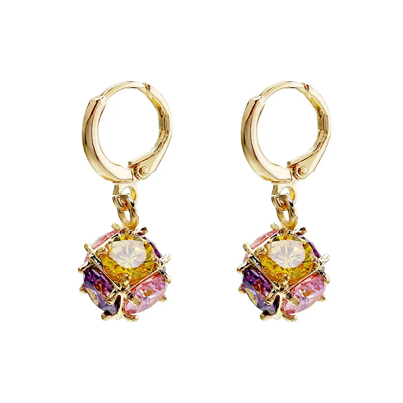 Cross-border hot sale INS wind copper earrings micro-inlaid zircon colored diamond ball earrings electroplated real gold color r