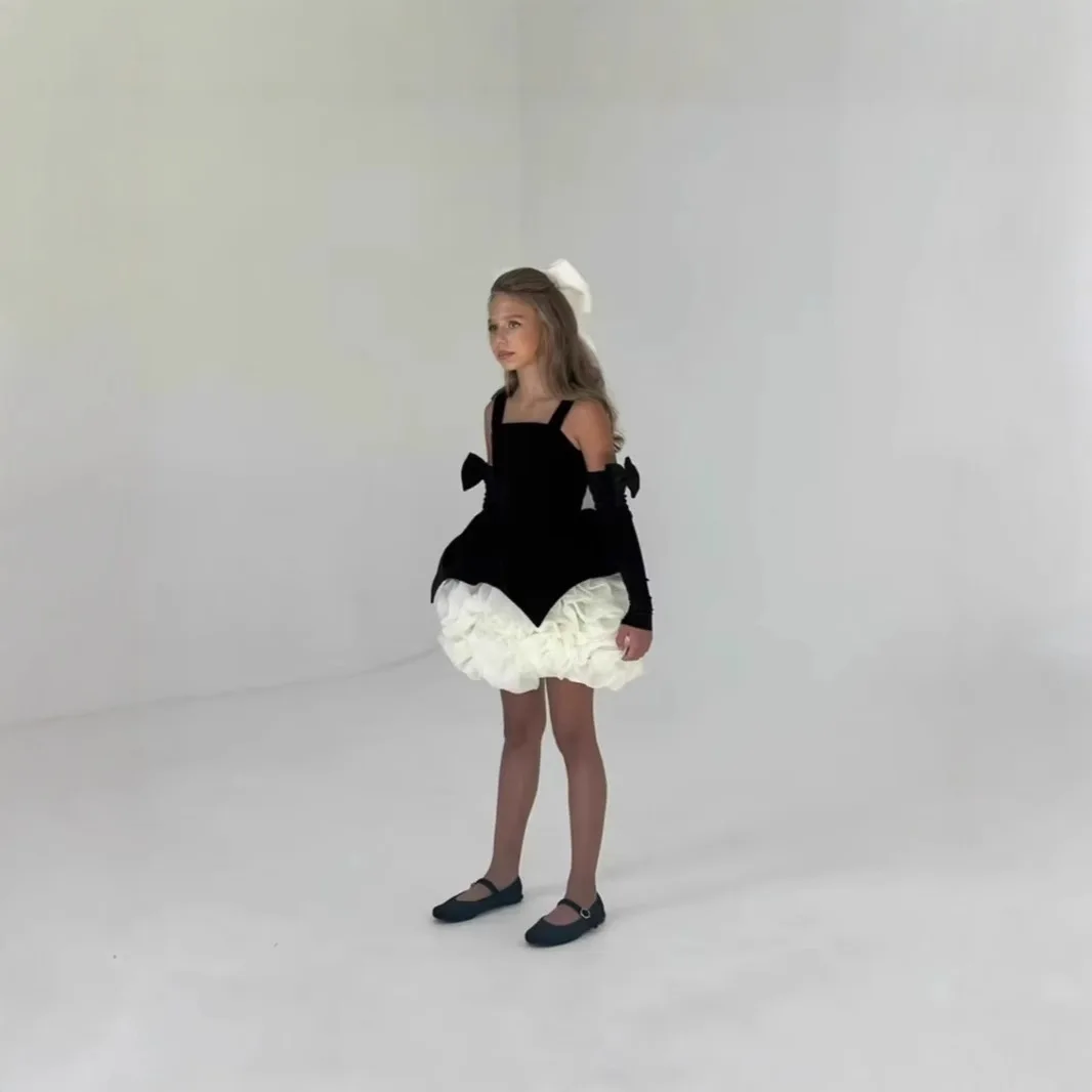 Puffy Gold Satin Flower Girl Dresses Knee Length Glitter Wedding Party Dress Bow Toddler Baby Birthday Pageant Ballet Tutu Dress