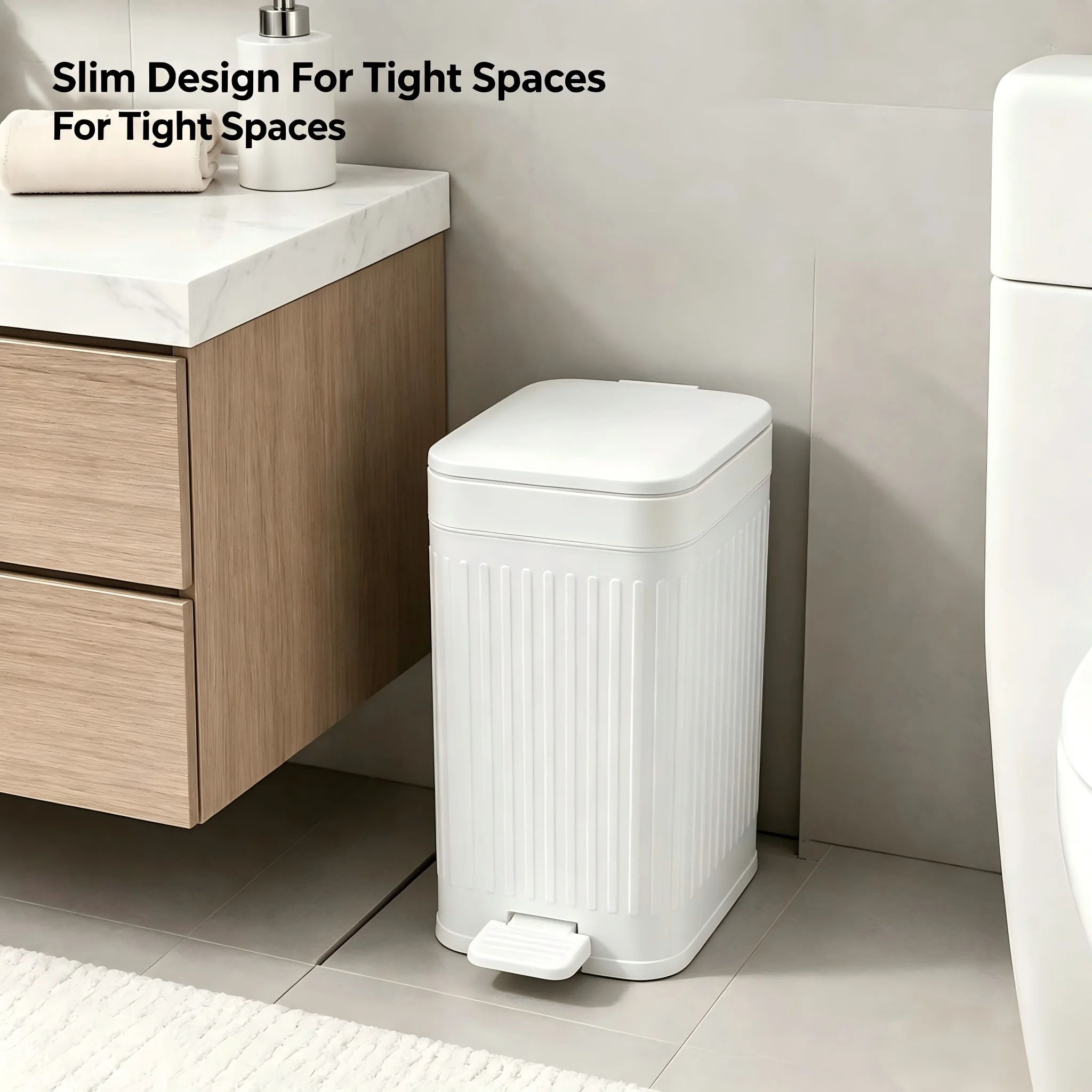 Modern Vertical Striped Pedal Trash Can, Foot‑Operated Plastic Waste Bin With Soft‑Close Lid, Odor‑Proof Rectangular Garbage Container, Black & White Optional for Bathroom, Kitchen, Bedroom