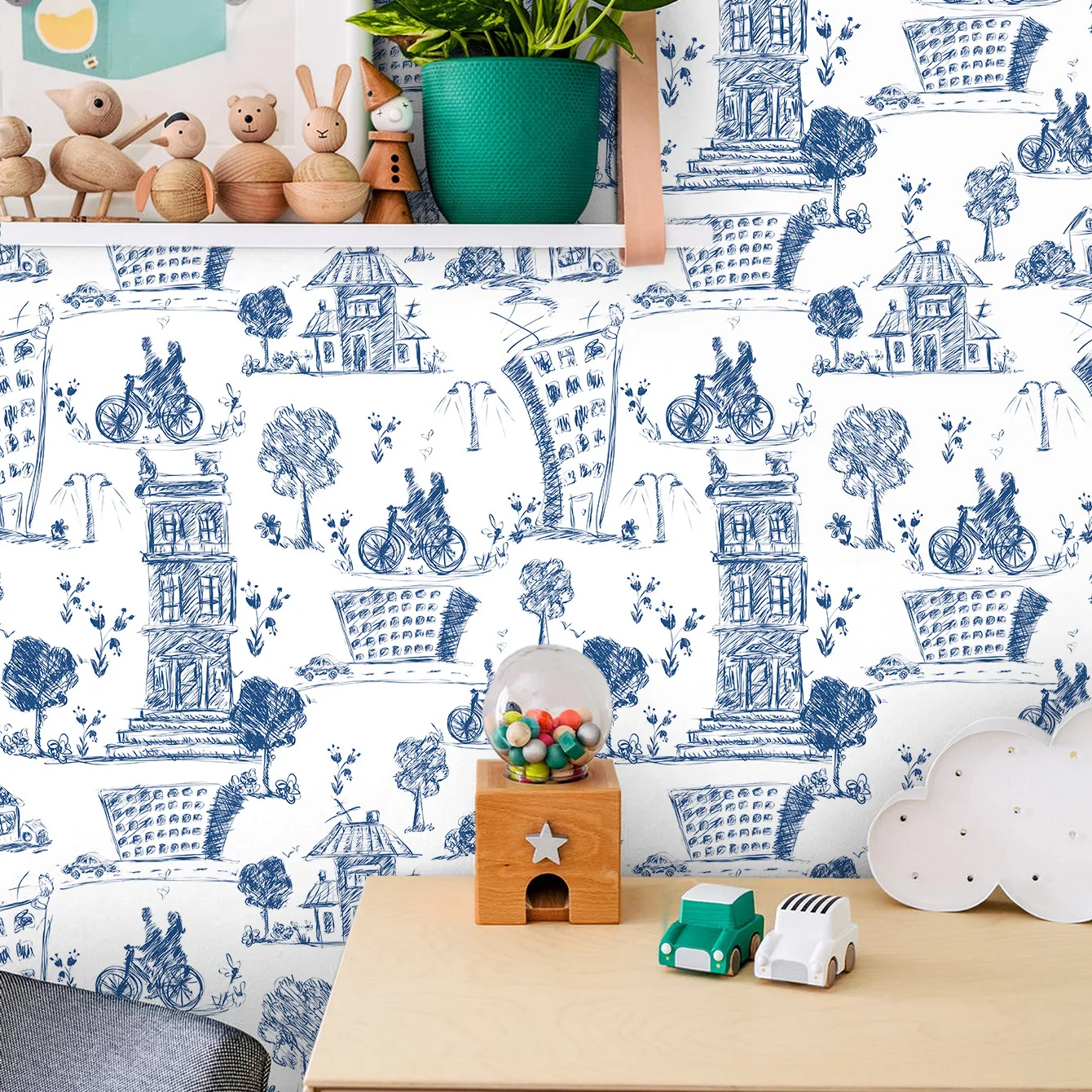 Village Wallpaper Peel and Stick Farmhouse Wall Paper Blue Modern Bedroom Contact Paper for Kitchen Cabinet Removable Vinyl