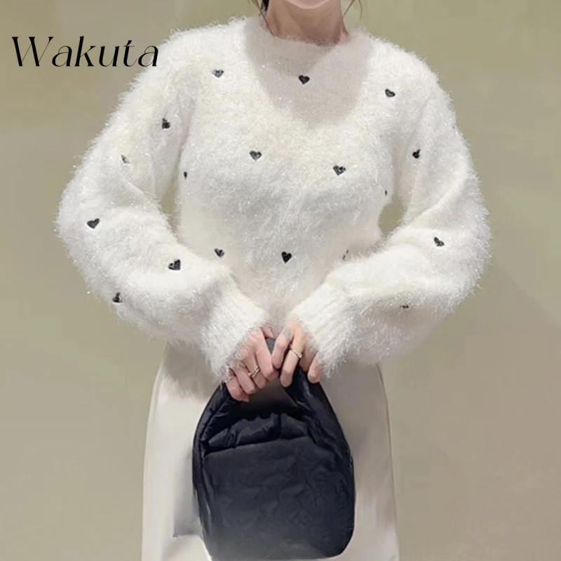 WAKUTA Japanese Retro Spring/autumn Round Neck Printed Shiny Silk Plush Pullover Chic Heart-shaped Embroidery Loose Knit Sweater