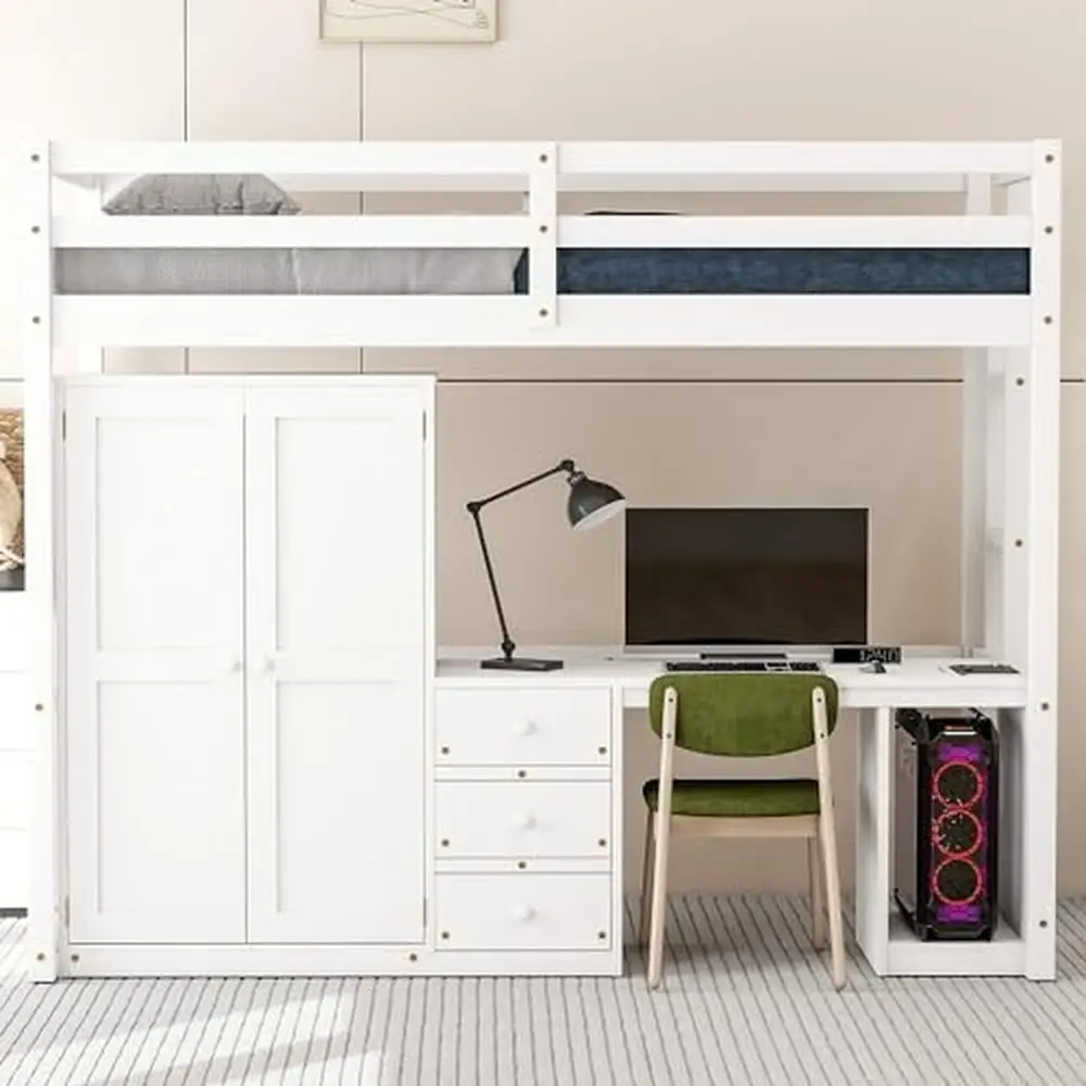 Twin Loft Bed with Desk Wardrobe Storage Drawers High Quality Wooden Frame Kids Teens Adults White Country Rustic Style 79.5