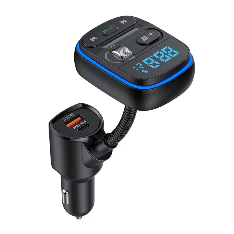 Spare Parts Bluetooth FM Transmitter For Car, Stronger Hifi Bass Microphone, PD 30W+QC 3.0 Adapter With 7 Colors LED-A02G
