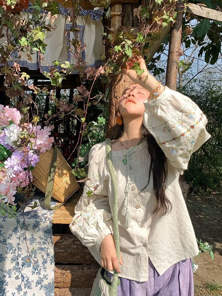 المرأة الجديدة الربيع الأزهار التطريز بلوزة خمر عارضة قميص طويل الأكمام أعلى #6