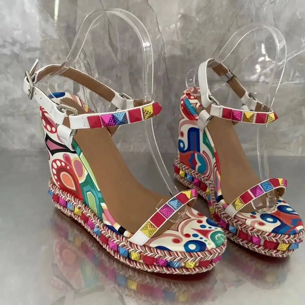 

Colorful Patchwork Colors Sandaly Damskie Peep Toe Buckle Strap Women Sandals Wedges High Heels Summer Vocation Beach Shoes Lady