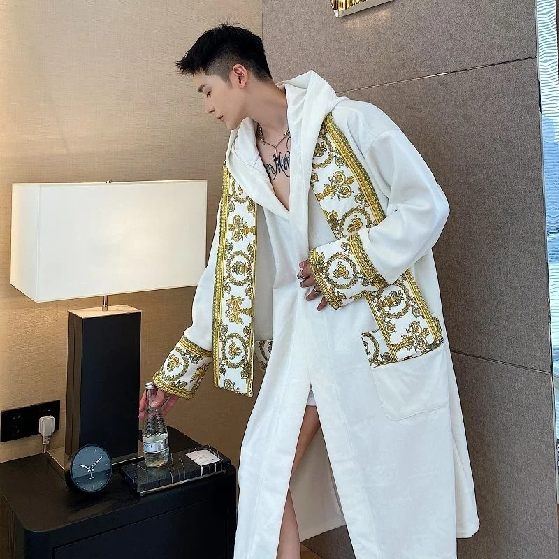 High Quality Winter Thickened Comfortable Velvet Light Luxury Hooded Long Nightgown Men's Fashion Robes Belted Warm Clothes