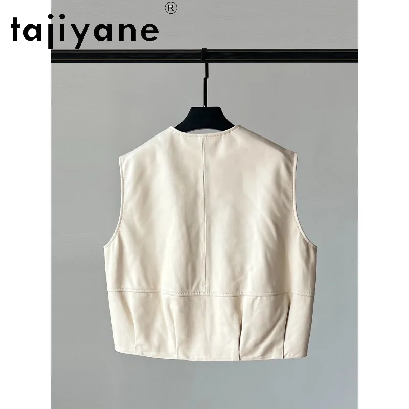 TAJIYANE Genuine Leather Jacket Women Round Neck Sheepskin Vest Sleeveless Jackets Short Waistcoat Slim Fit Leather Veste Femme