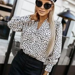 New 2024 Woman Autumn V-Neck Leopard Print Shirt Business Work Blouse Fashion Long Sleeve Loose Lady Shirt Chic Top Mujer Spring