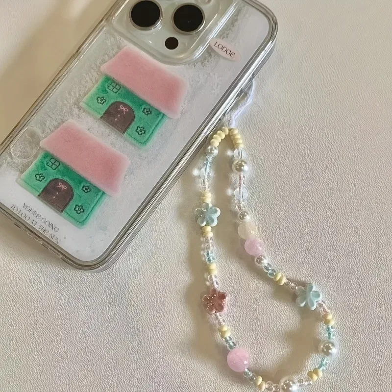 Spring Sweet Ceramics Flower Beaded Phone Strap Charm Chain For Phone Lanyard Keychain Woman Girl Bag Camera Pendant Hanging