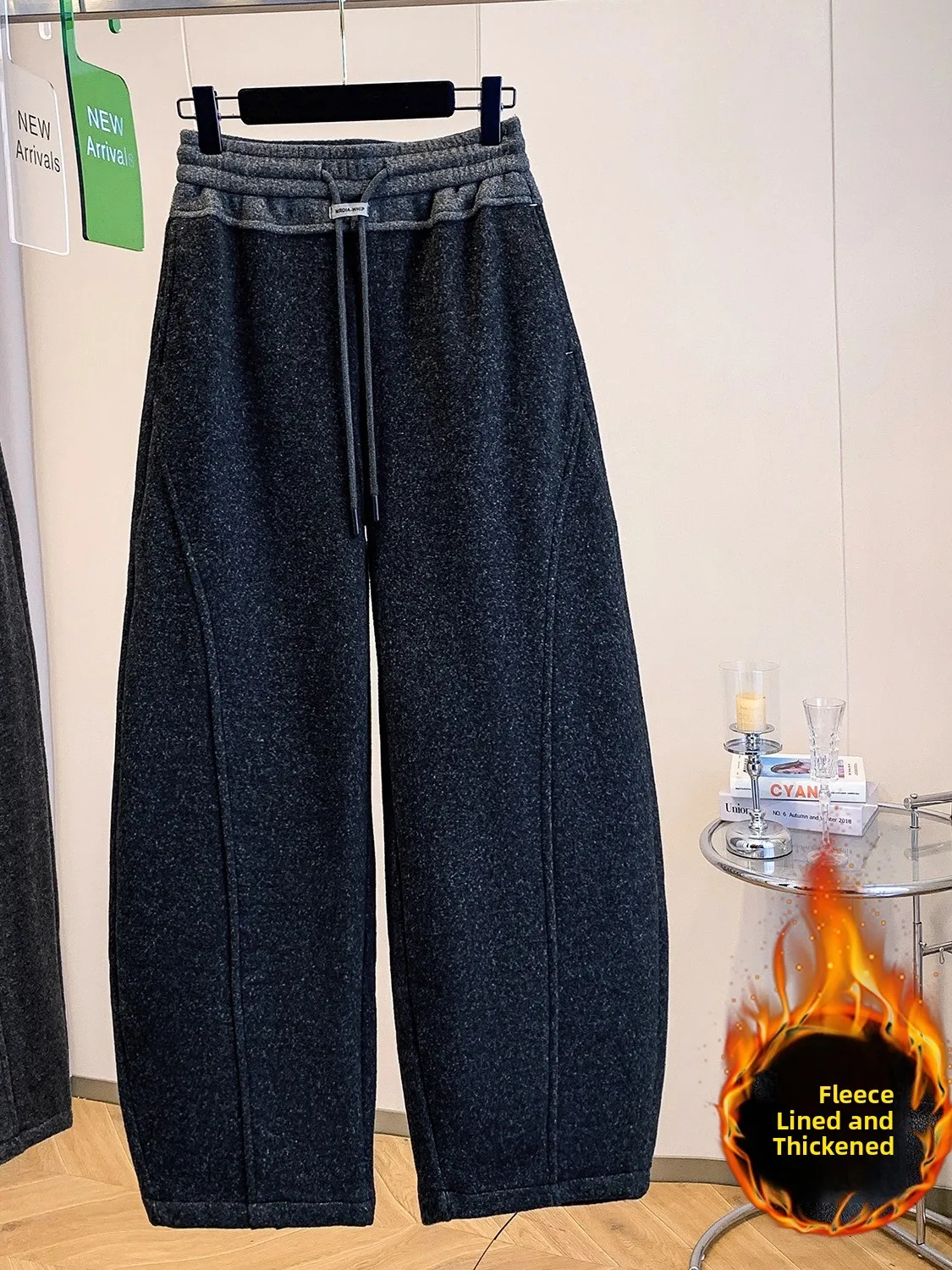 ارتفاع الخصر Fce اصطف واسعة الساق سكين السراويل الصوفية اللون بلو السراويل الشتوية غير رسمية للنساء حجم كبير #5