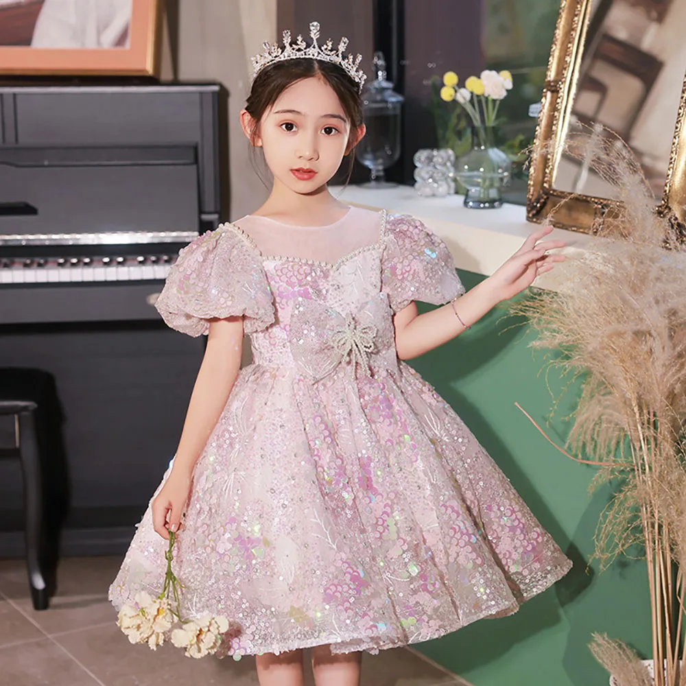 

Luxury Sequins Beading Kids Girls Princess Dress for Party Birthday Bow Puff Sleeve Flower Girl Dresses Children Ball Gown