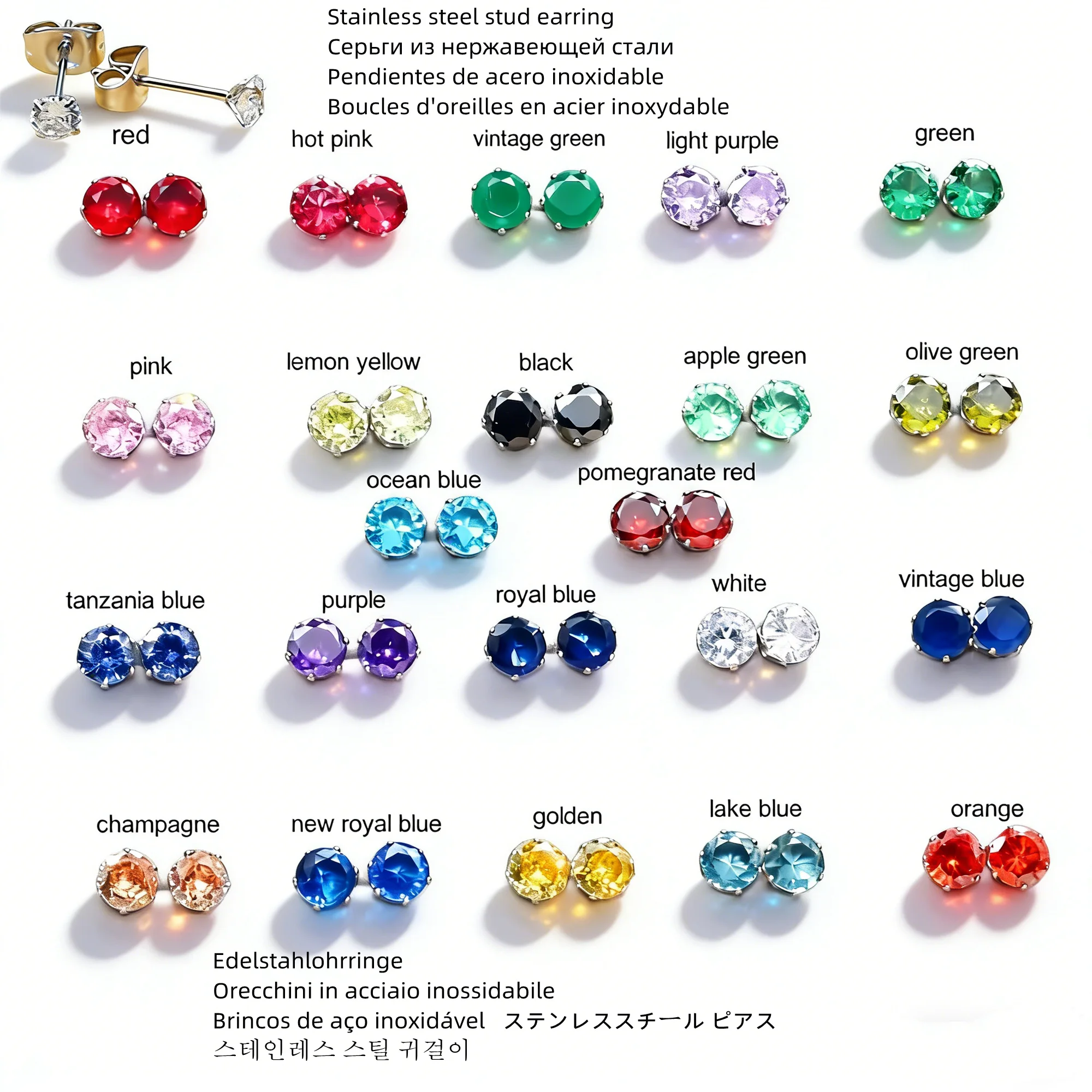 Edelstahl-Creolen mit 7 mm großen, bunten AAA-Zirkonia-Steinen, hypoallergener Schmuck, Geschenkidee. – Detail 1