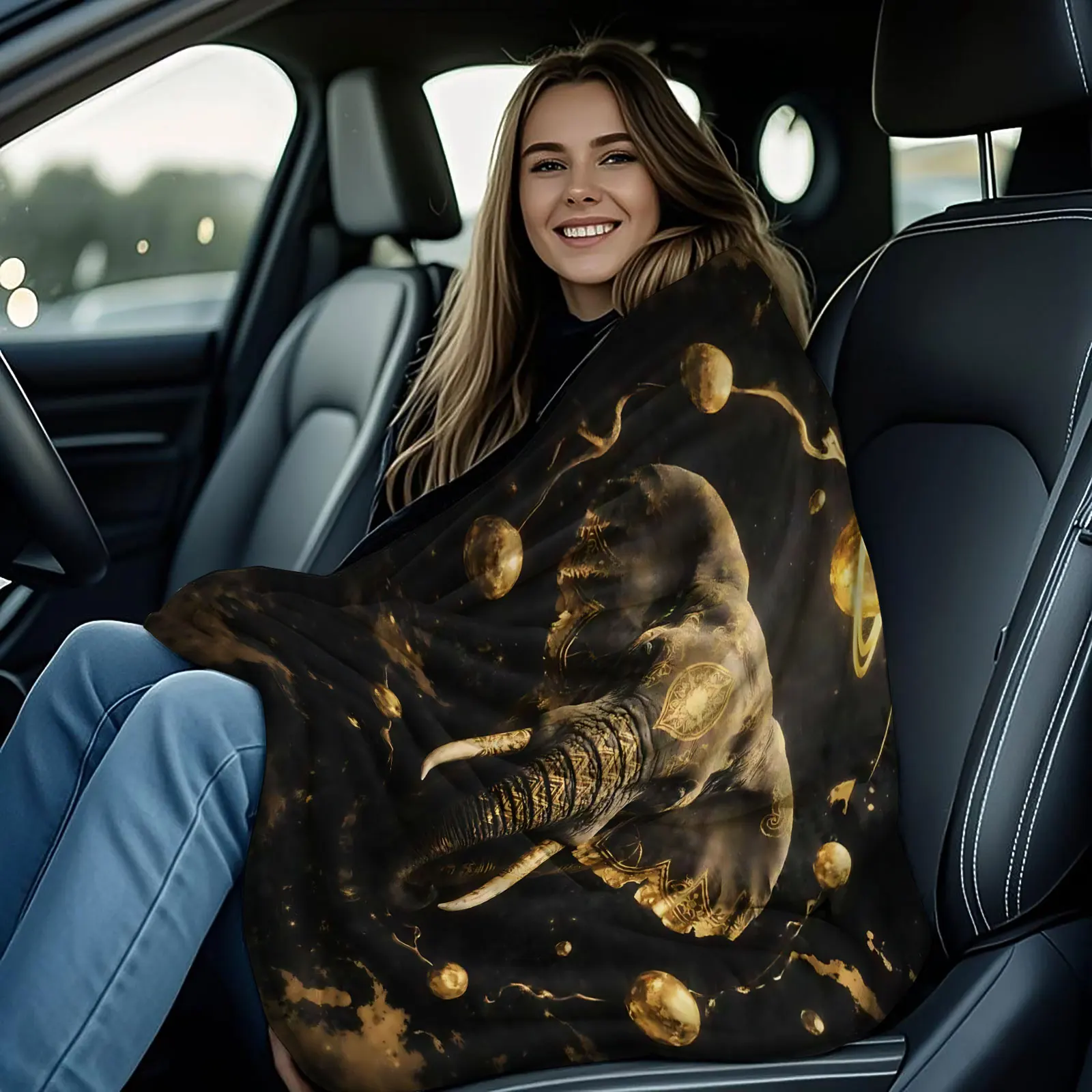 Golden Elephant Planet Space Flannel Throw Blanket Black Background Mystic Celestial Elephant Plush Blanket for Sofa Bed Decor