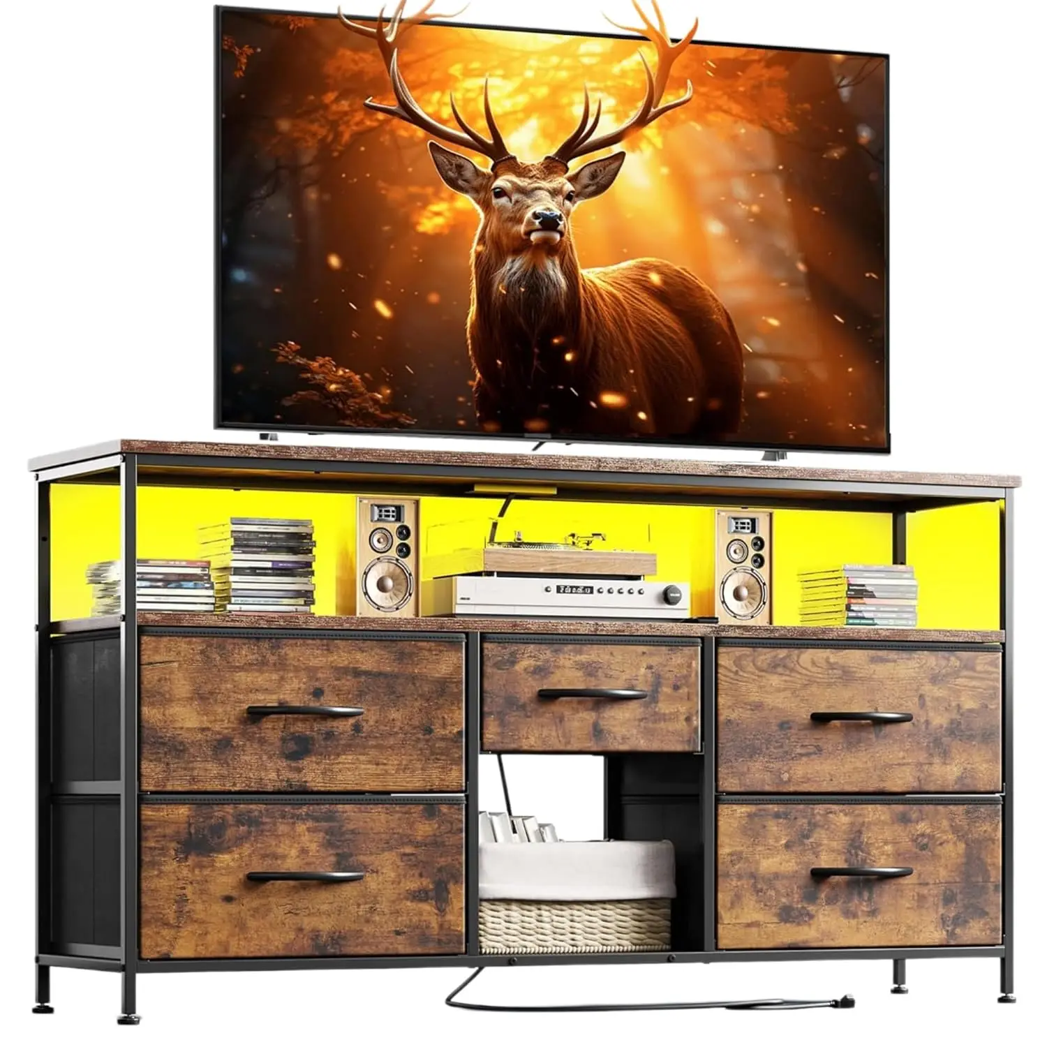 Bedroom TV Stand LED & Outlets 5-Drawer Storage 45/50