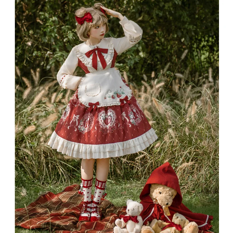 Lolita Women Red One Piece Dresses Girls Princess Kawaii Dress Cotton Autumn Miads Japanese Harajuku Cute Cosplay Costume Dress