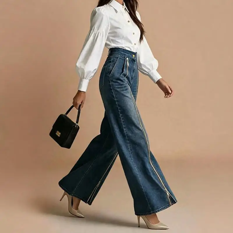 2026 Autumn Women's High Waisted Gold Zipper Wide Leg Straight Tube Fashionable Casual Loose Slanted Pocket Denim Pants