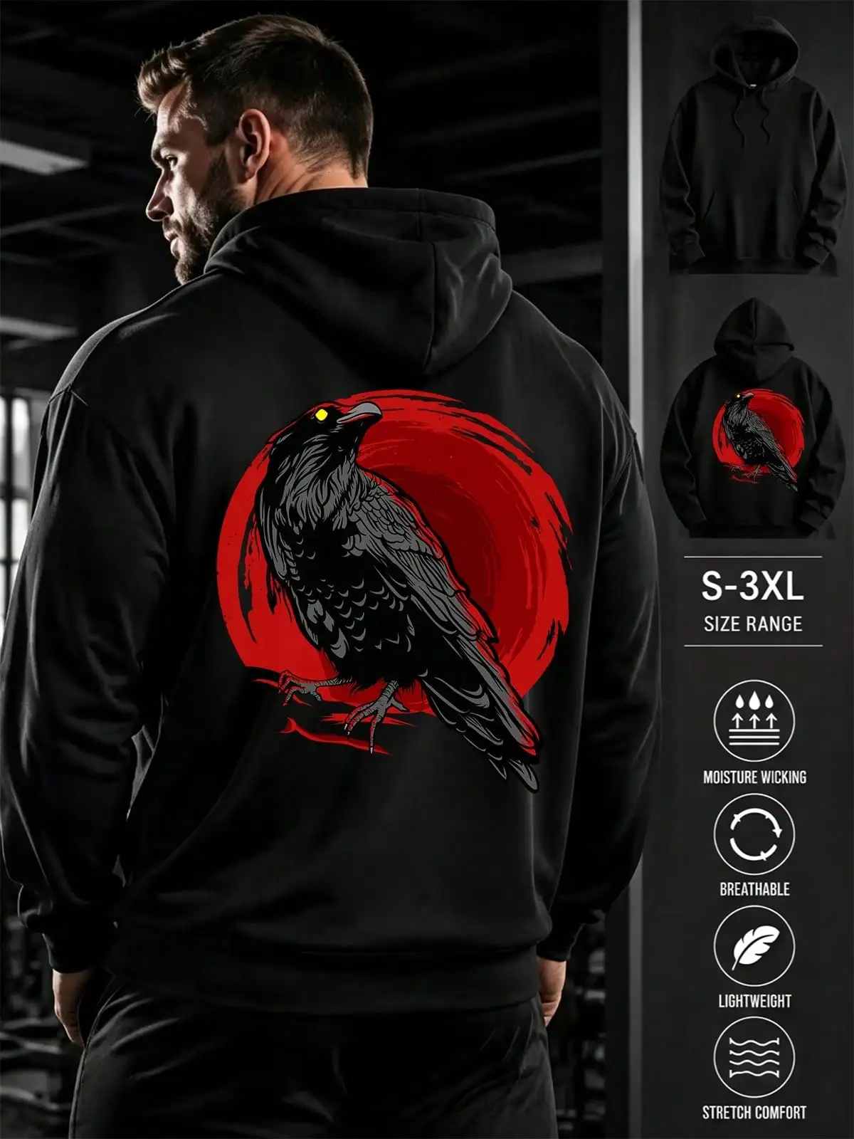 Mens Casual Simple Drawstring Hoodies, Blood Moon Crow Back Print, Long Sleeve Sweatshirt Pullover With Pocket