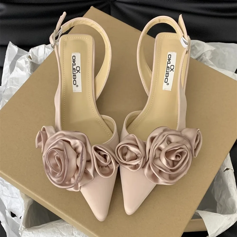 2024 elegante Frau Sandalen hochhackige süße Rose geschlossene Zehen Schuhe Sommer Sling back spitzen Mode Kleid Damenschuhe