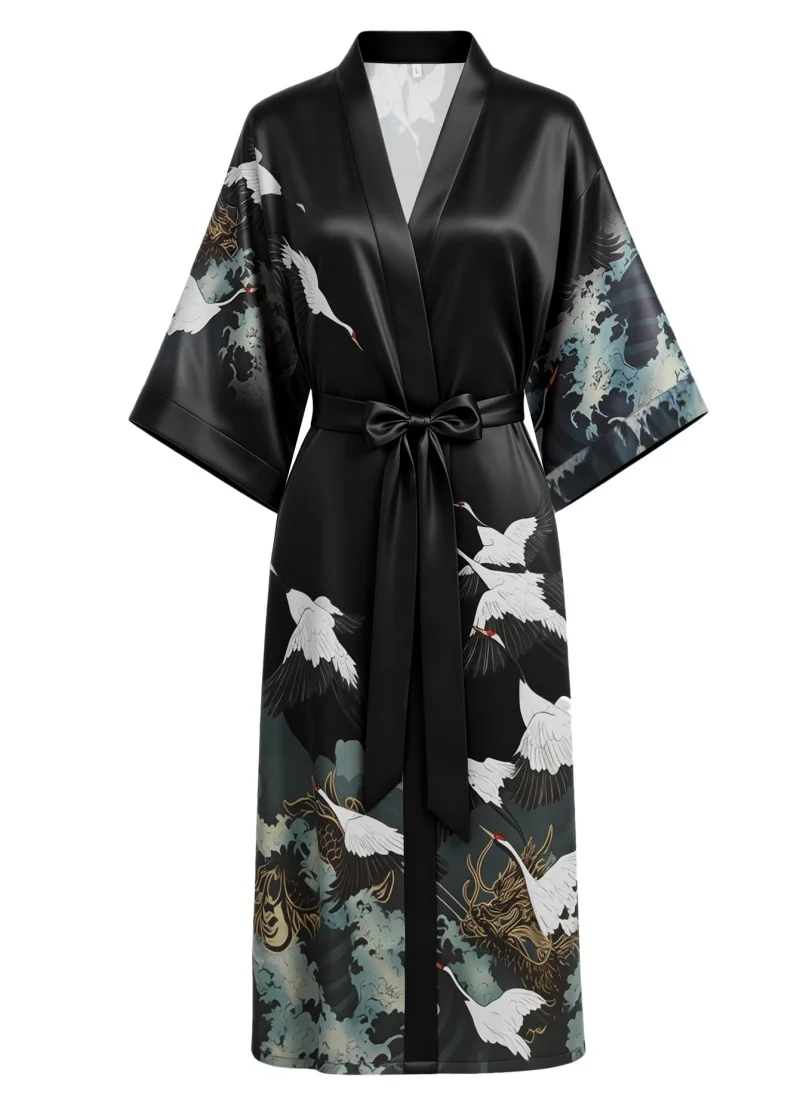 Black Women's Kimono Robe Satin Crane Print Long Nightgown Luxurious Homewear Loungewear Bathrobe Bridal Party Bathrobe