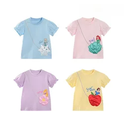 New Summer Kids Girl Short Sleeved T-shirt Pure Cotton Cartoon Sonw White Elsa Princess Mermaid with Long Hair Princess Tee K669