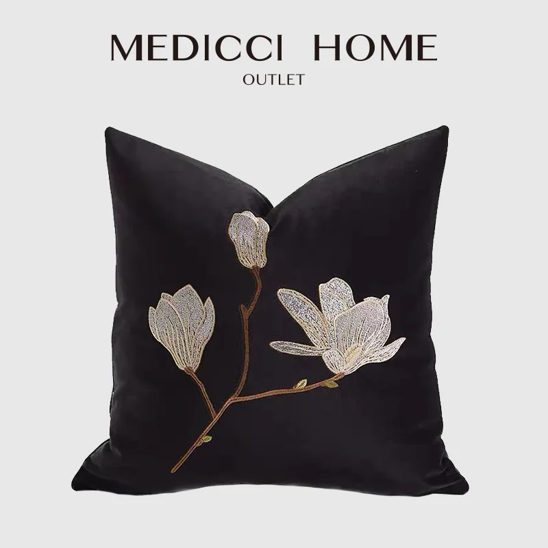 Medicci Home White Magnolia Floral Embroidery Throw Pillow Cover French Fashion Retro Velvet Cushion Case 45x45cm Ready For Ship