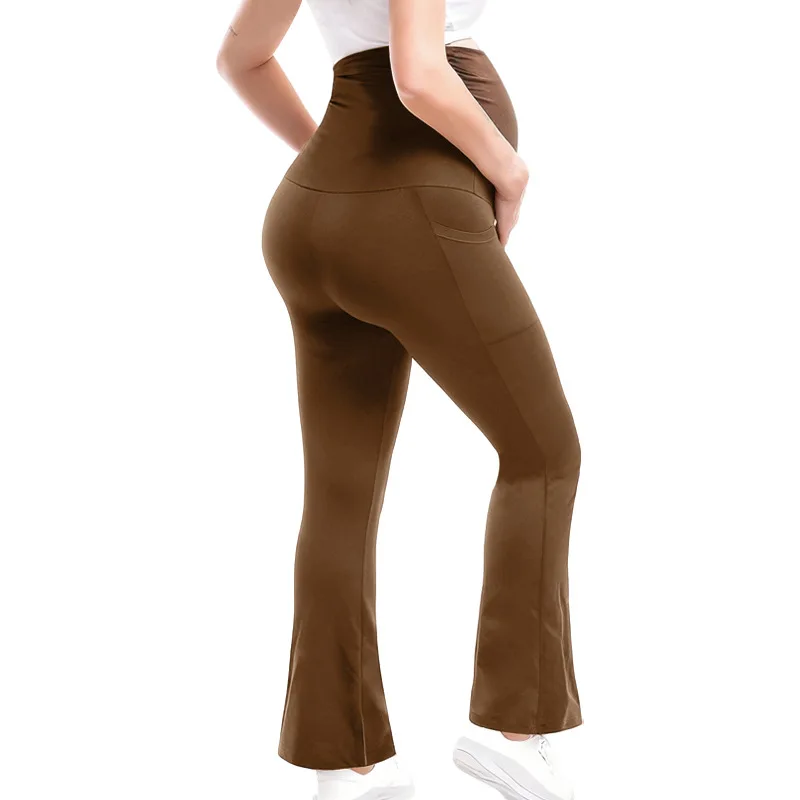 Women Maternity High Waist Stretchy Slim Bootcut Yoga Pants Solid Color Side Pockets Tummy Support Casual Trousers