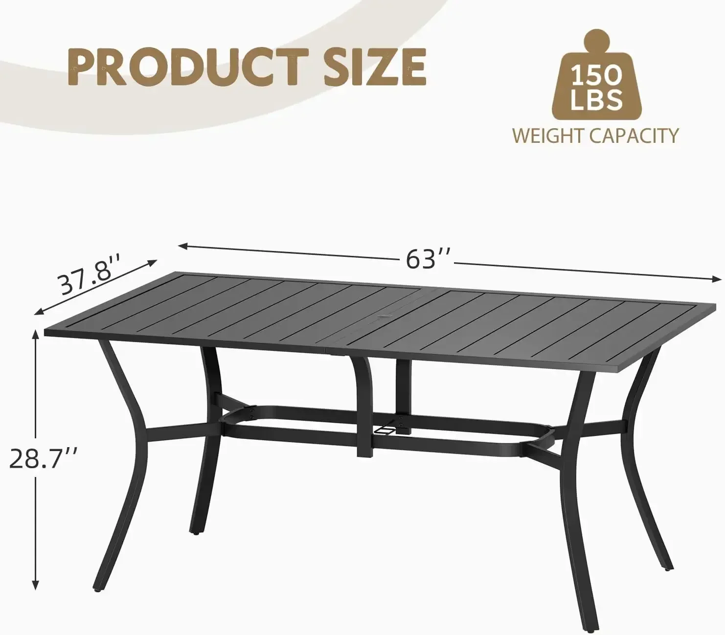 63''x38'' Outdoor Dining Table for 6, E-Coating Metal Patio Dining Table with 1.57'' Umbrella Hole, All-Weather Black Rectangula
