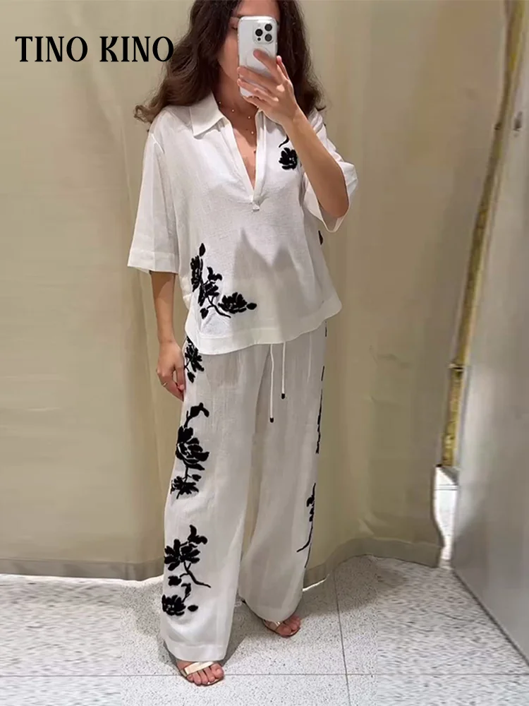 

Embroidery Flower Women Shirt Set Wide Leg High Waist Lady Pant Sets 2025 Fashion Casual Lapel V-neck Short Sleeve Female Suit