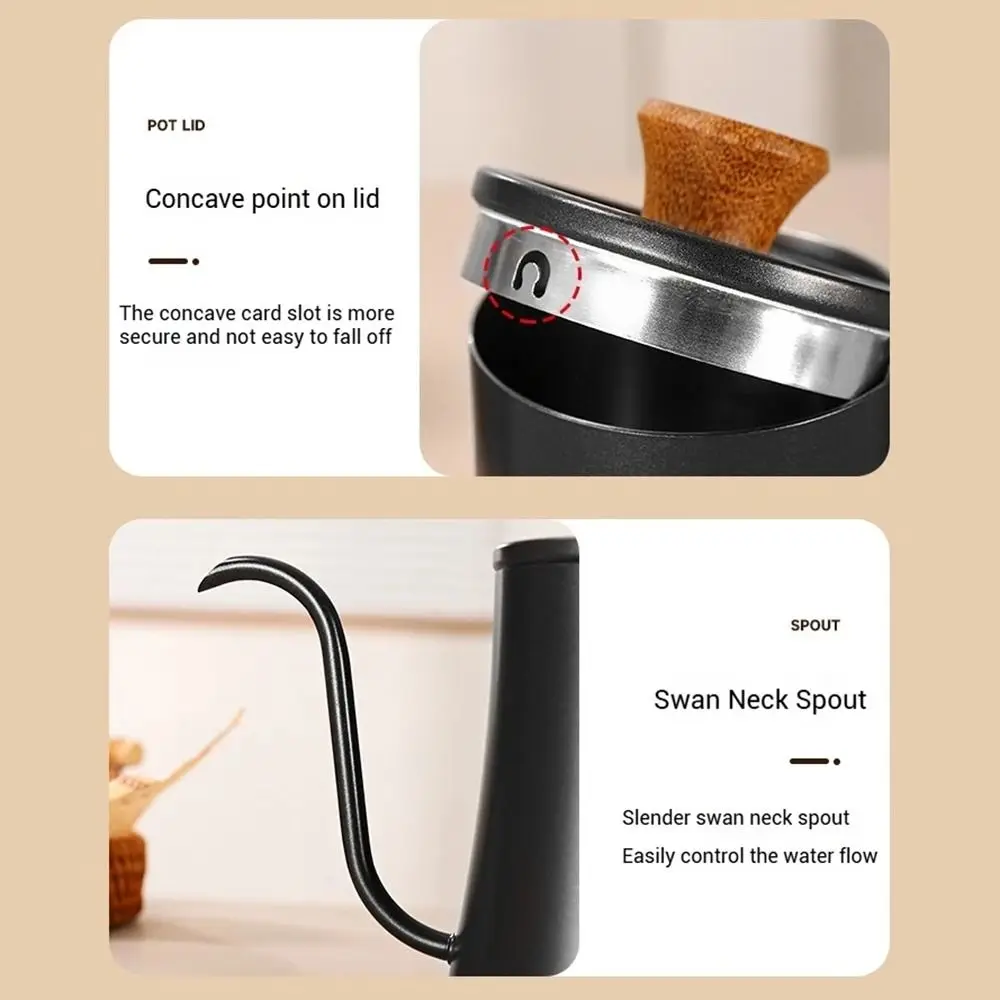 Stainless Steel Goose Neck Coffee Pot 550ml/850ml Wooden Handle Long Narrow Drip Carafe Comfortable Grip Temperature Meter