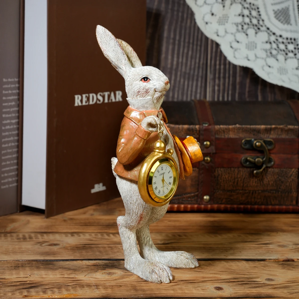 Vintage Alice Wonderland Rabbit Figurine Resin Bunny Holding Pocket Watch Statue Desktop Ornament Home Decor Holiday Gift - view 5