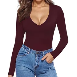 Women'S Slim Fit T-Shirts Fashion Casual Deep V-Neck Long Sleeve Solid Color T-Shirt Tops Daily Basic Bottom Shirts