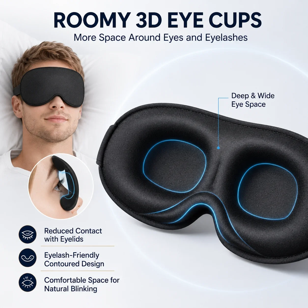 3D Memory Foam Sleep Mask for Side Sleepers Deep Eye Cups Adjustable Strap Light Blocking Eye Mask for Men Women Travel Nap